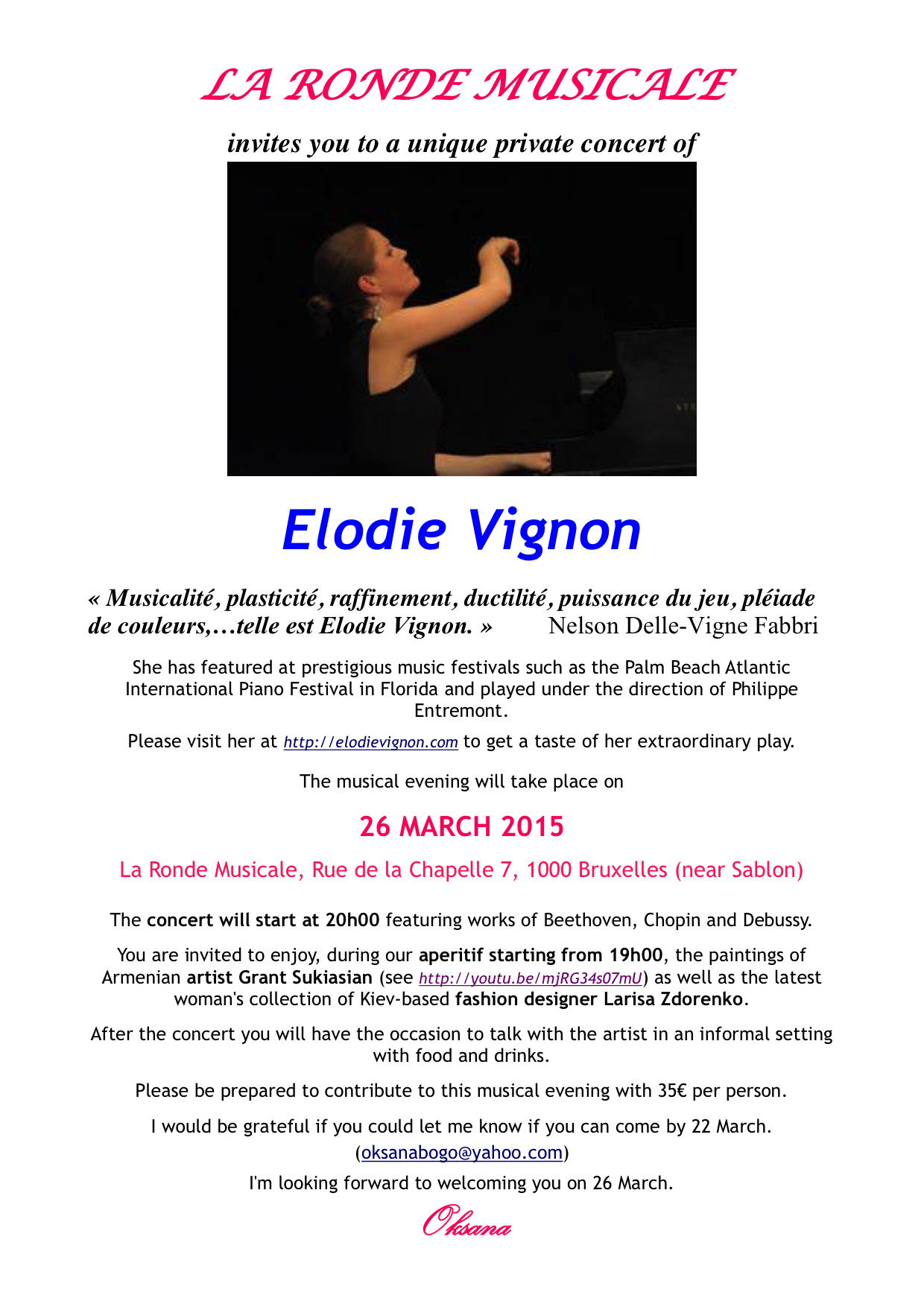 Affiche. Bruxelles. Ronde Musicale. Concert privé Elodie Vignon. 2015-03-26